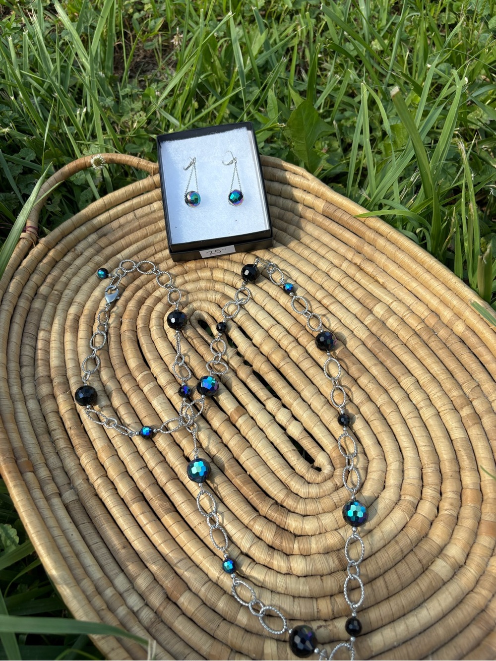 Park Lane ~ silvertone Long Necklace  & Earrings Set Iridescent Black Blue-green